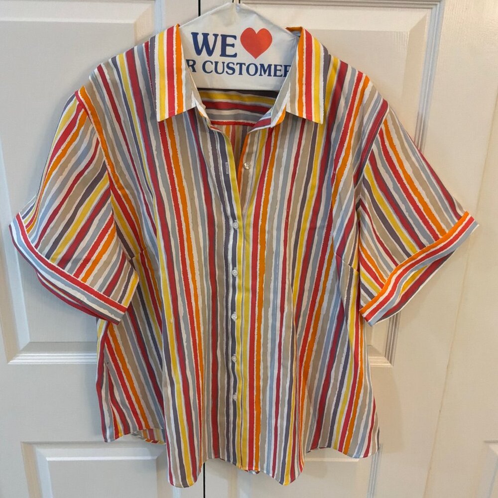 Coldwater Creek Size 24 Bright Colored Striped Cotton Shirt with Short Sleeves